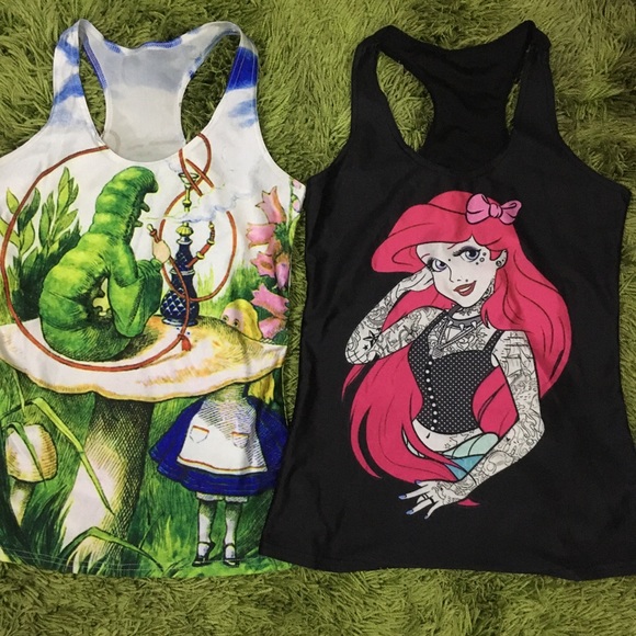 Alice in Wonderland & Little Mermaid Parody Graphic Print Tank Top x 2 Size S - Picture 2 of 10